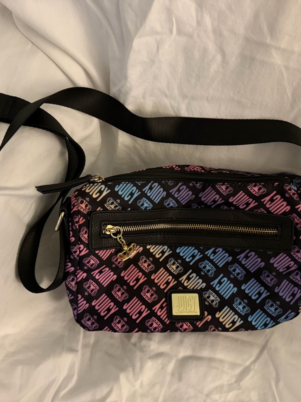 Juicy Couture Black Crossbody Bag with Rainbow Logo Print